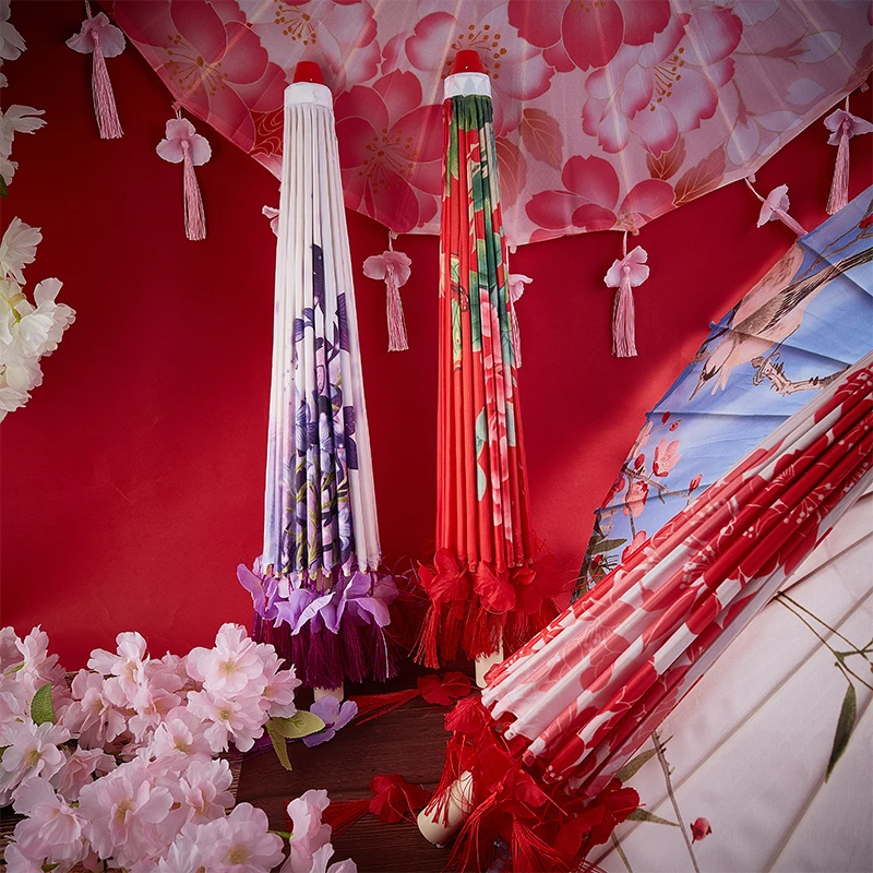 Зонт женский Шелковый в китайском стиле бумажный зонтик с кисточкой и лепестками