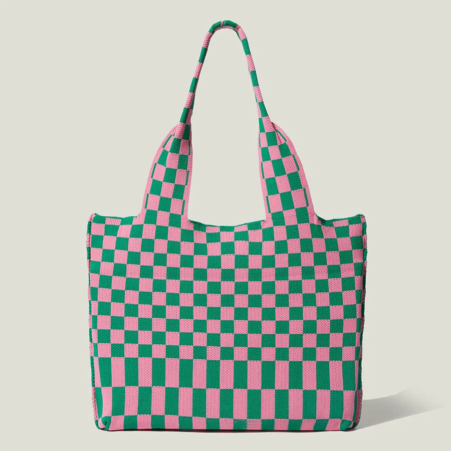 

Checkerboard Knit Woven Handbags for Women Big Tote Fashion Plaid Shoulder Bags Student Commuter School Bags Underarm Bag 2021