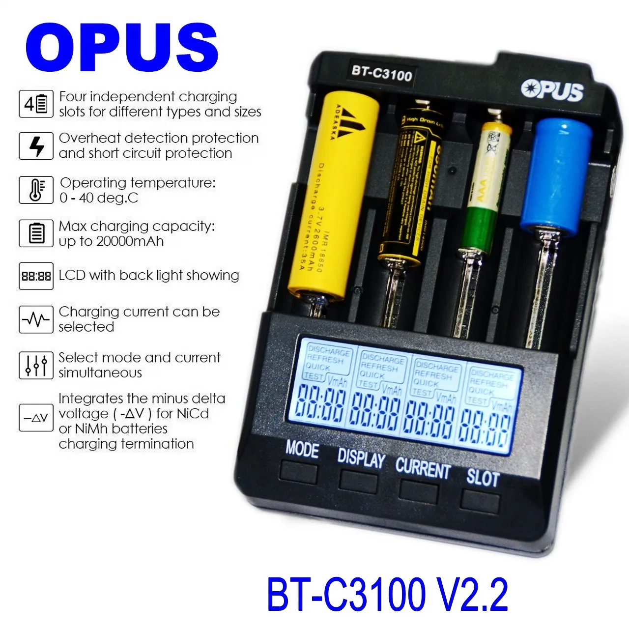 

Opus BT-C3100 V2.2 цифровое интеллектуальное зарядное устройство с 4 слотами и ЖК-дисплеем для Li-Ion NiCd NiMH AA AAA 10440 14500 18650 17335 Rec