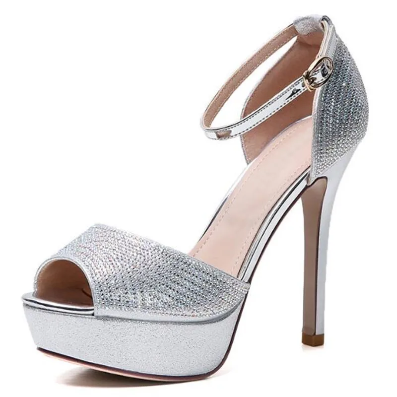 

Женские босоножки 12 см на тонком высоком каблуке с блестками тканевые с ремешком и пряжкой с открытым носком Стразы водонепроницаемые Модн...