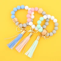 rainbow leopard silicone pave beaded short fringe tassel pendant elastic bracelets latest beech beads keychain custom jewelry