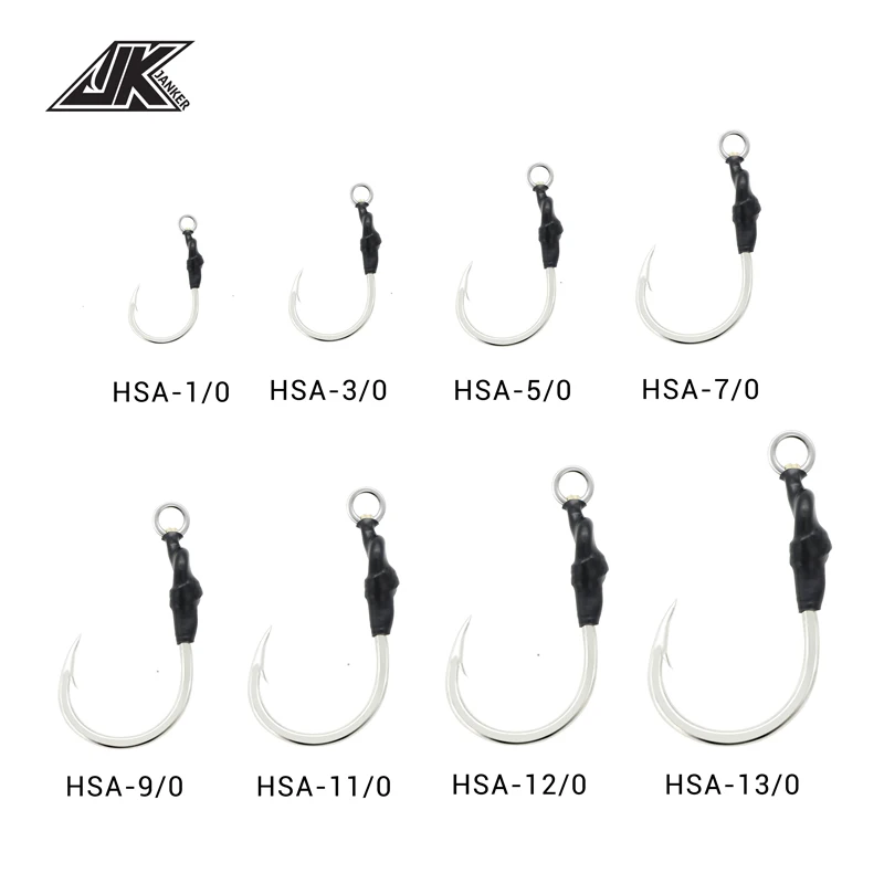 JK HSA 1/0-11/0 4X Heavy Duty High Carbon Steel Jigging Hooks Kevlar Assist Line Solid Ring Power Fishing Hook Saltwater