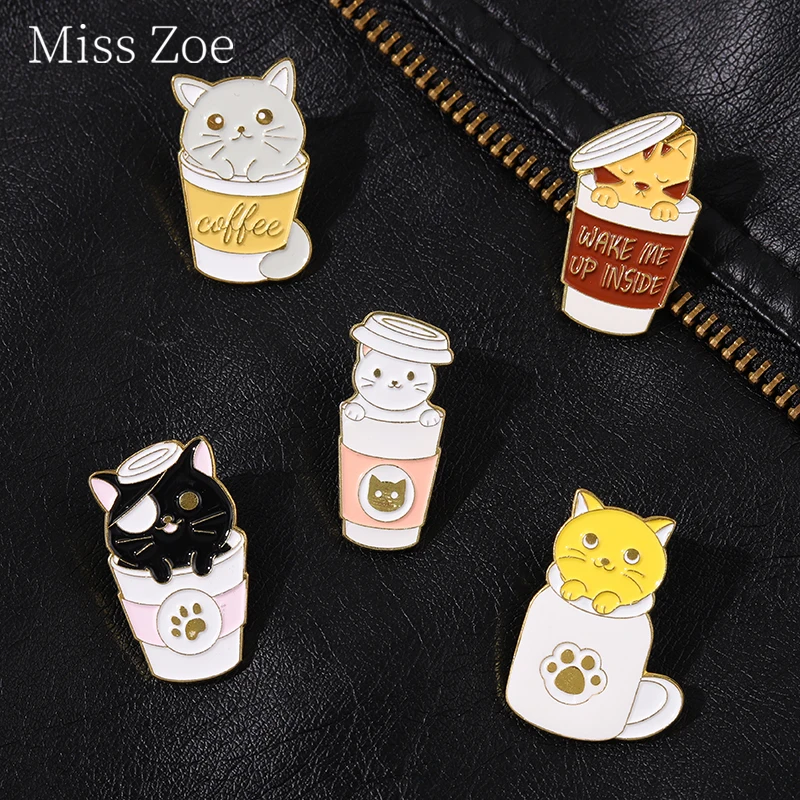 

Cup Cat Collection Enamel Pin Coffee Kitten Cup Mug Brooches Bag Lapel Pin Cartoon Clamshell Paw Badge Jewelry Gifts For Kids