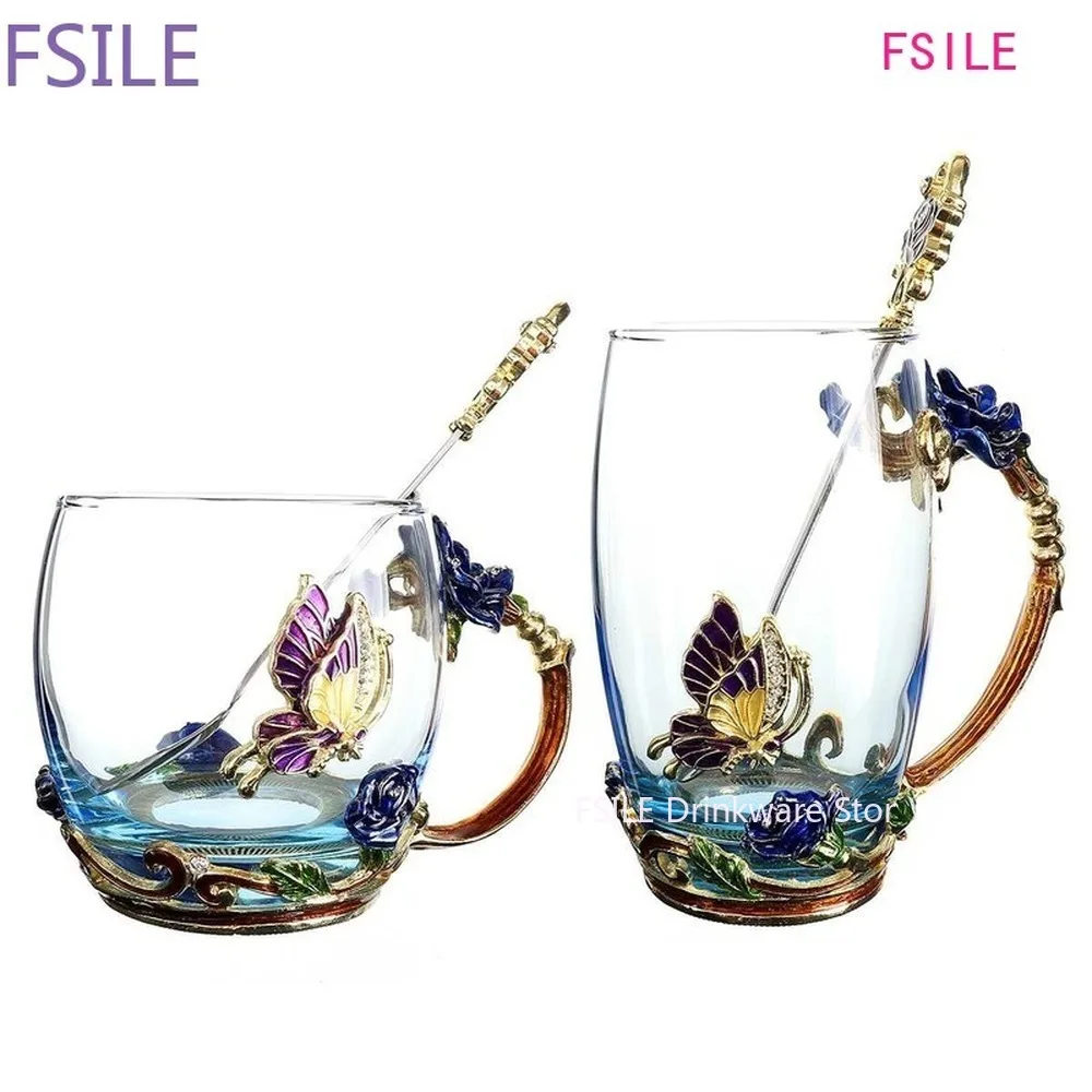 Эмалированная прозрачная стеклянная кружка для кофе чая синие розы набор