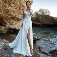 luxury a line wedding dresses long sleeve 3d three dimensional applique gowns o neck sexy high split tube top robe de mari%c3%a9e