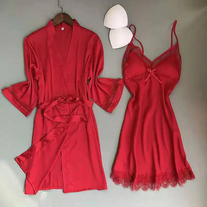 

2PCS Kimono Bathrobe Gown Sexy Sleepwear Women Home Clothing Satin Nightgown Casual Robe Set Intimate Lingerie Homewear