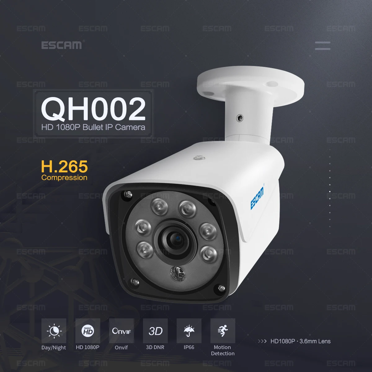 NEWEST ESCAM QH002 HD 2MP IP Camera ONVIF H.265 P2P Outdoor Waterproof IR Bullet With Smart Analysis Function Surveillance | Безопасность