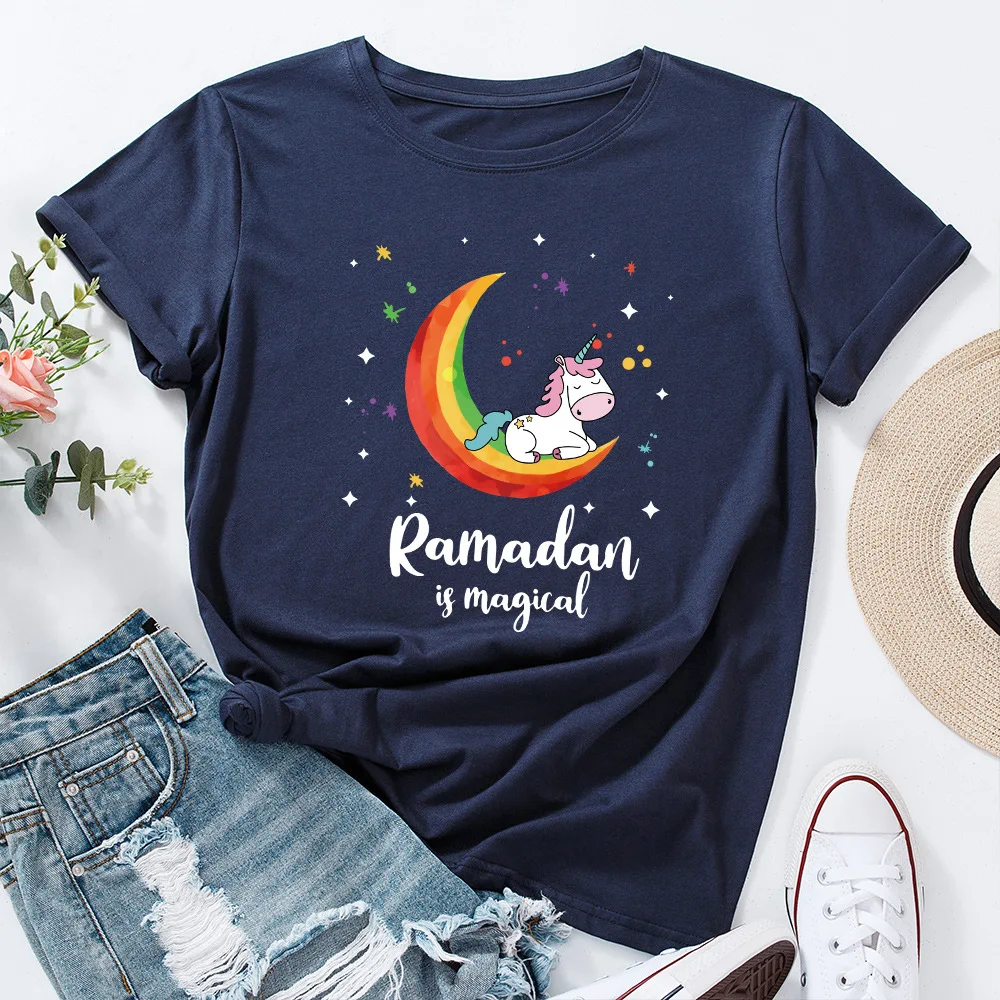 

JUNSRM 100% Cotton Women T shirt Short-sleeved for Girl Casual Soft Female Plus Size Top Unicorn and Moon Printing Summer Tshirt