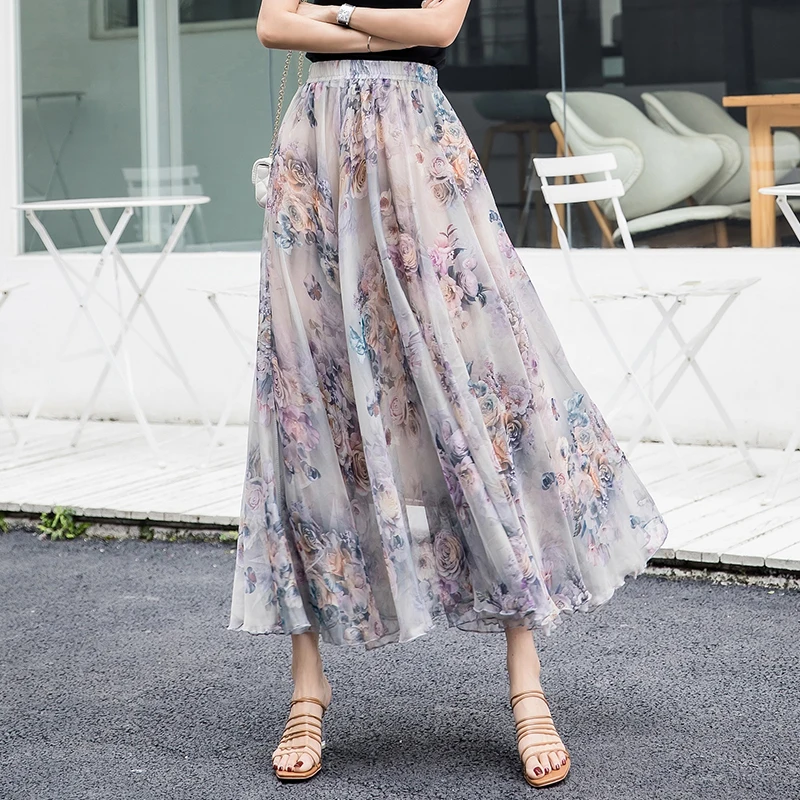 

2021 New Summer Vintage Floral Printed Pleated Mi-long Beach Skirt Women Skirts Elegant High Waist Loose Female Umbrella Skirts