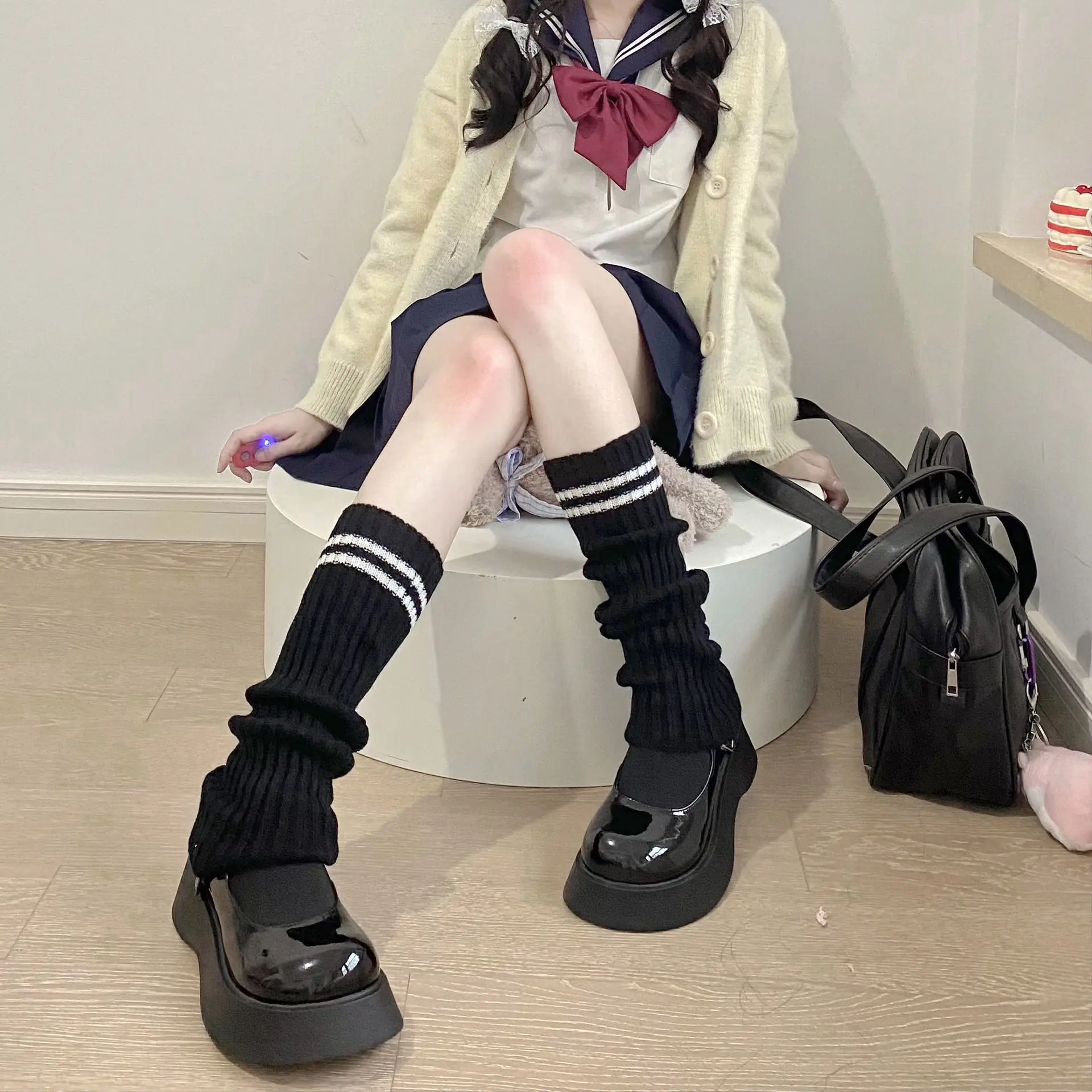 Lolita JK Leg Warmers Student Double Stripe Foot Cover Japanese Female Over the Knee Long Tube Knitted Pile Pile Socks Autumn