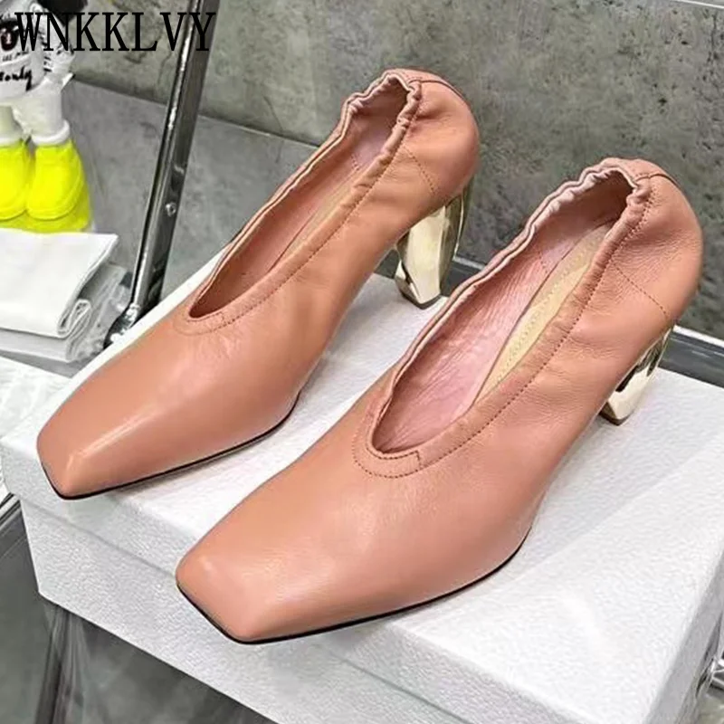 

Женские туфли из натуральной кожи, с квадратным носком, на высоком каблуке