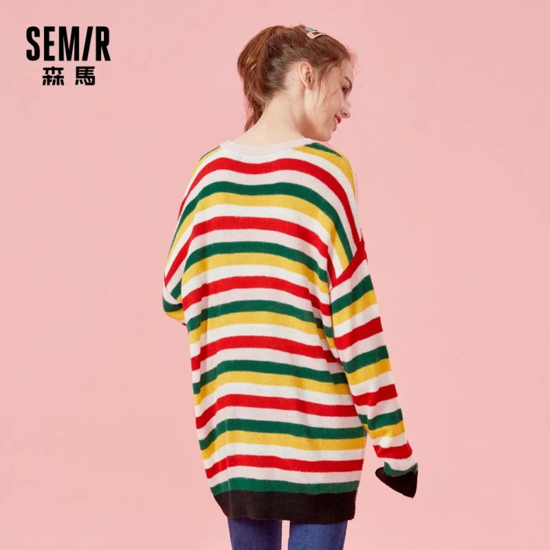 

Semir Sweater Women Young Winter Fashion Striped Contrasting Sweater Loose Drop Shoulder Round Neck Pullover Base Knitwear