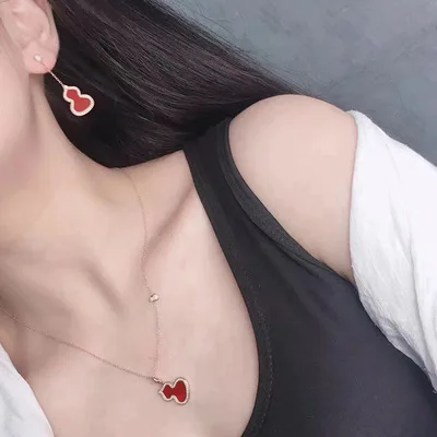 

925 Sterling Silver Gourd Earrings Female Miniature Diamond Red Agate Long Tassel Earrings Luxury Jewelry Brand-Name Star Gift