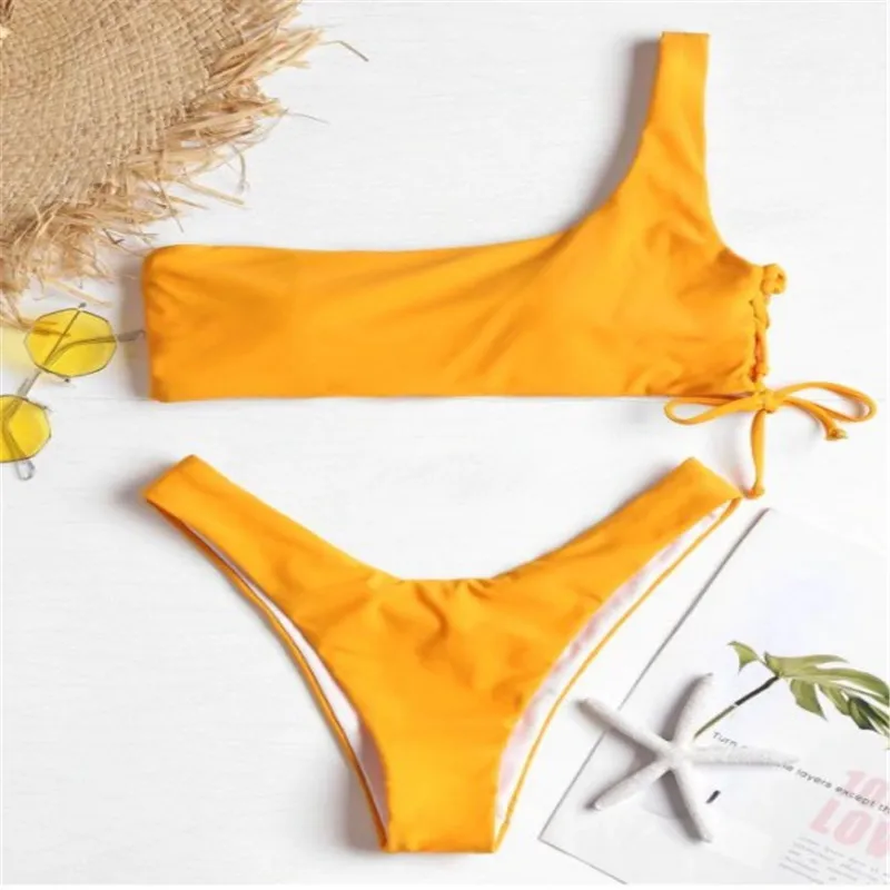 Новинка 2021 года однотонное бикини с косой лямкой лавандовый купальный костюм