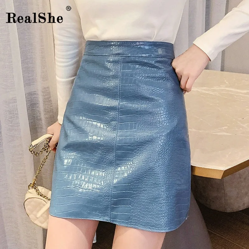 RealShe кожаная женская юбка с высокой талией однотонная змеиная кожа а силуэт мини