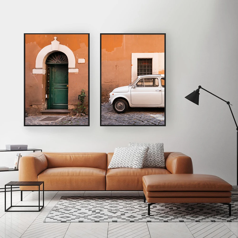 

Modern Landscape Canvas Painting Orange Door Car Wall Art Poster and Print Plakater Picture for Living Room Home Decor No Frame