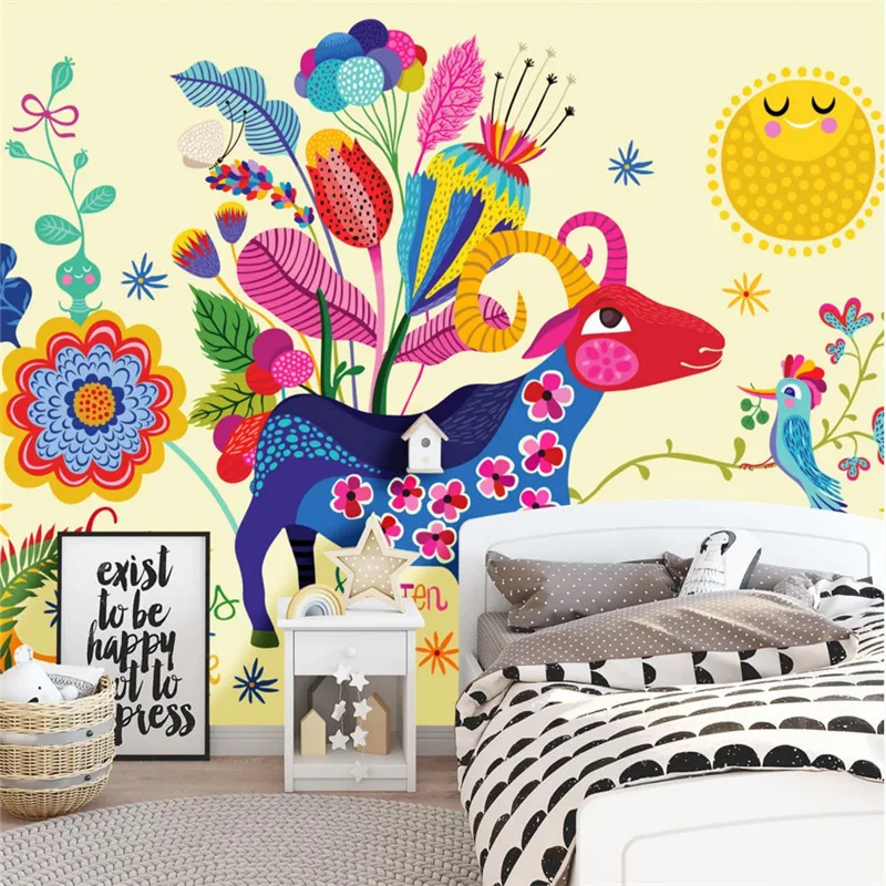 Ручная роспись мультфильмов овец птиц 3D детская комната желтый фон Настенные