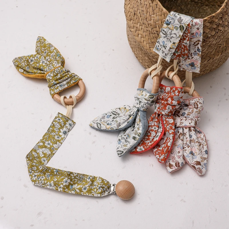 Toalla de Saliva Floral para beb&eacute;, cadena de chupete de 3 uds., anillo de dentici&oacute;n de madera, Bandana, conjunto de baberos, mordedor para beb&eacute;, juguete para chico-4