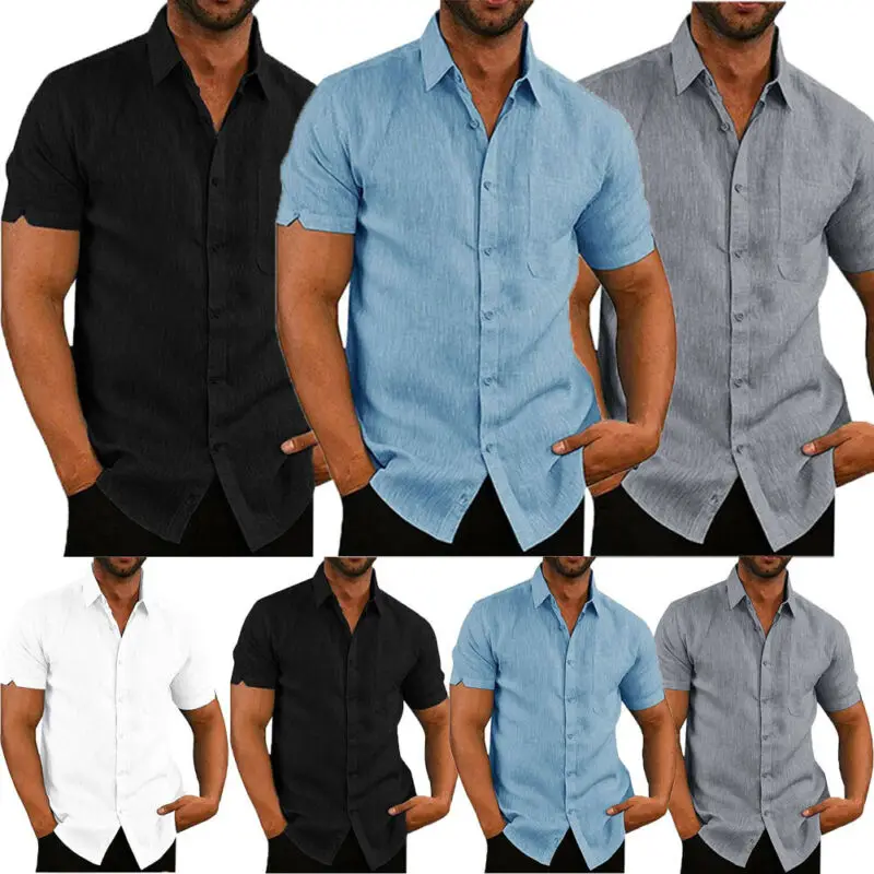 

Men Linen Fashion Short Sleeve Shirts Baggy Buttons Summer Solid Comfortable Pure Cotton And Linen Casual Loose Shirts Tee Tops