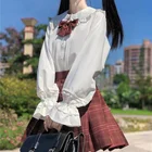 QWEEK, белая рубашка с длинным рукавом для девочек-подростков, Женская Весенняя блузка в японском стиле преппи с милыми оборками и воротником Питер Пэн в стиле Лолита, топы