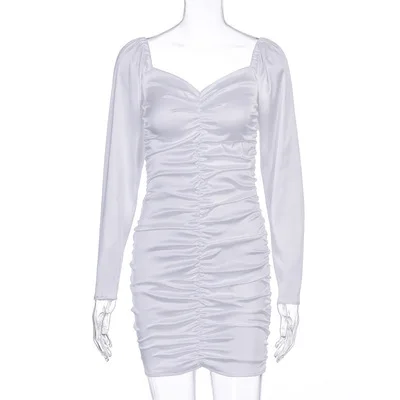 

Spring And Autumn New Women Long Puff Sleeve Slash Neck Satin Pleated Sexy Mini Dress Women Solid Party Elegant Streetwear Dress