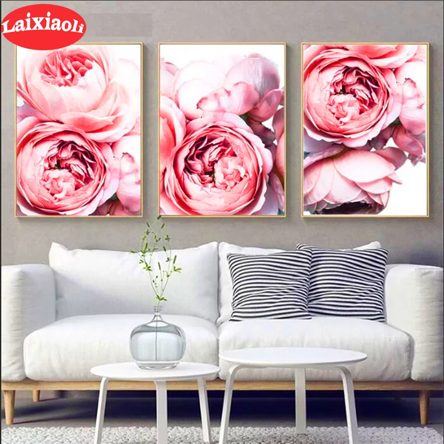 

Full square round diamond painting Peony 3 pcs pink flower diamond embroidery 5D rhinestone mosaic diamond inlaid pattern decor