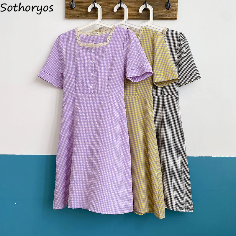 

Dress Women Lace Square Collar Plaid Sweet Lace-up Slim Adjustable Waist Vintage Simple Single Breasted Chic Tender College Chic