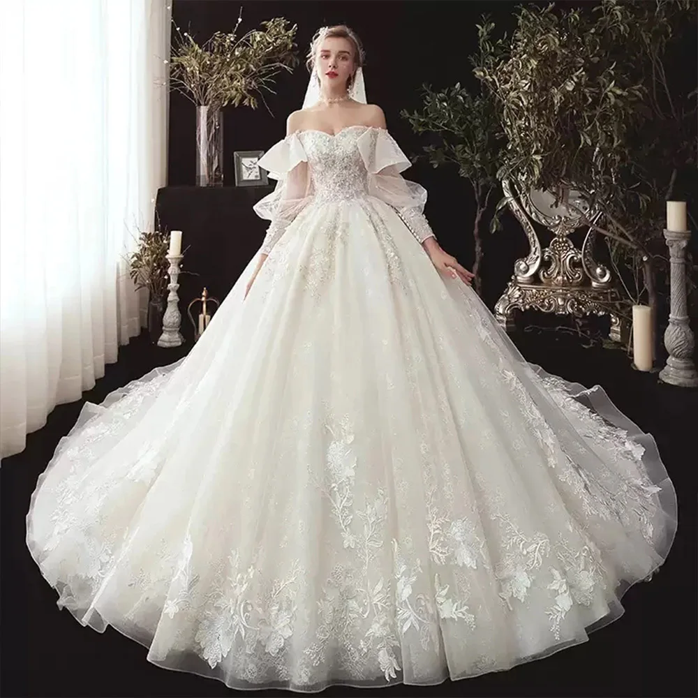 

Wedding Dresses Illusion Full Appliques Beading Sequined Embroidery Tulle Lace Off The Shoulder Women Bridal Gown