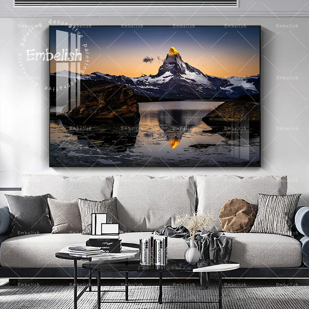 

1 шт. закат, золотые горы, отражение на озере, пейзаж, HD картина маслом на холсте для гостиной, домашний декор, Настенная картина