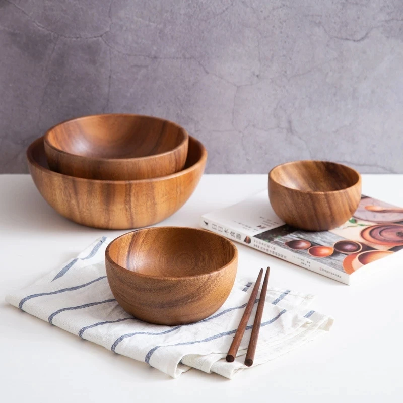 

Hand-Carved Wooden Salad Serving Bowl Solid Wood Candy Sugar Fruit Saucer Dessert Dinner Bread Wooden Rice Storage Bowls Plate