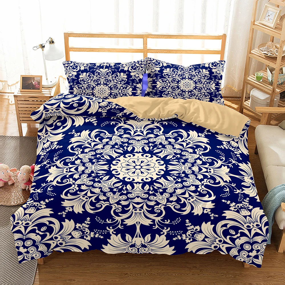 

Bohemian Mandala Bedding Set Blue Flower Nordic Duvet Cover Set with PillowCase King Queen Size Bed Comforter,3pcs Bed Sheets