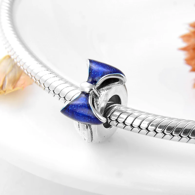 Новинка 2019 синие Бусины-разделители из кремния с бантиком 925 пробы серебряный