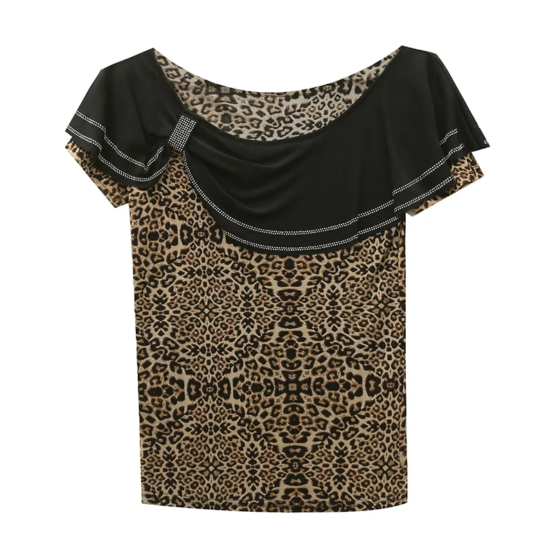 

New 2021 Summer Short Sleeve Mesh Tops Fashion Casual Hot diamond leopard print t-shirt Plus Size Female Shirt