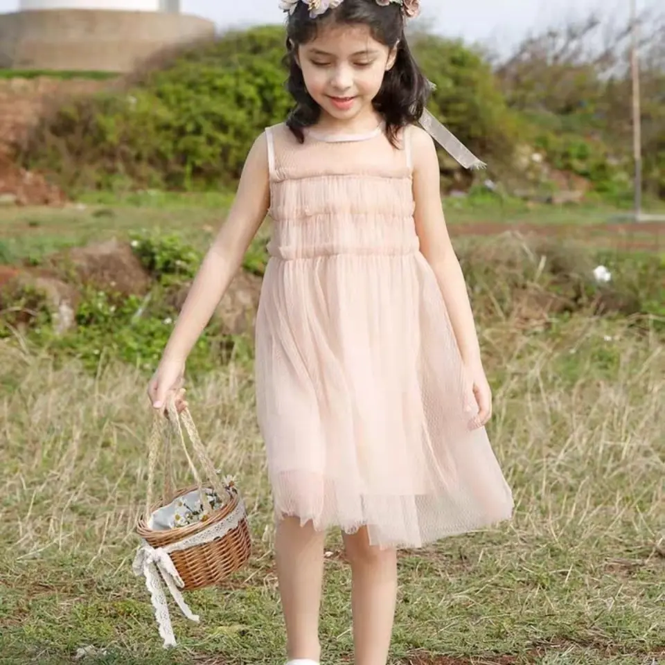 

Children Girls Clothes Summer New Solid Princess Wedding Party Dress Patchwork Gauze Sleeveless Cotton Lining Kids Clothes