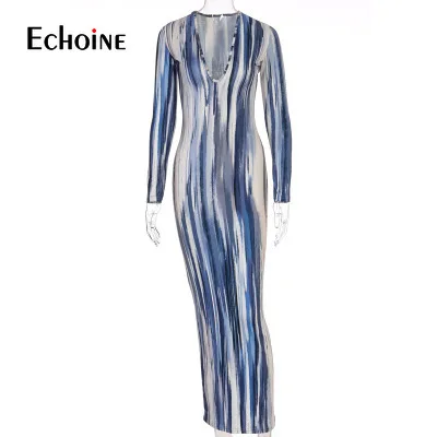 Платье-Макси женское весеннее в полоску с принтом | Женская одежда