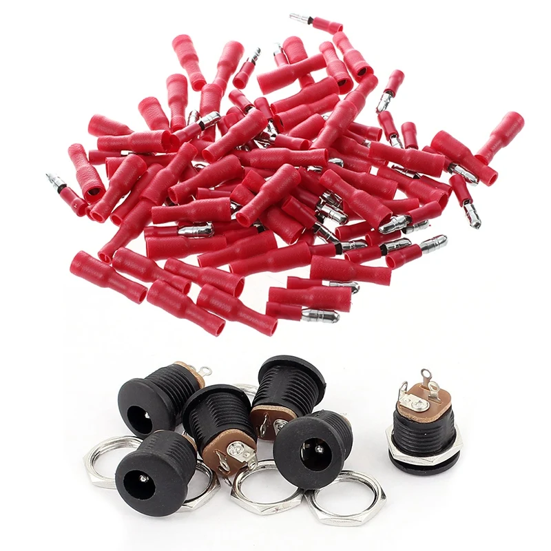 

100X Cable Lugs Round Sockets + Round Connector Crimp Set Red With 6Pcs Panel Mount DC Power Female Socket Connector