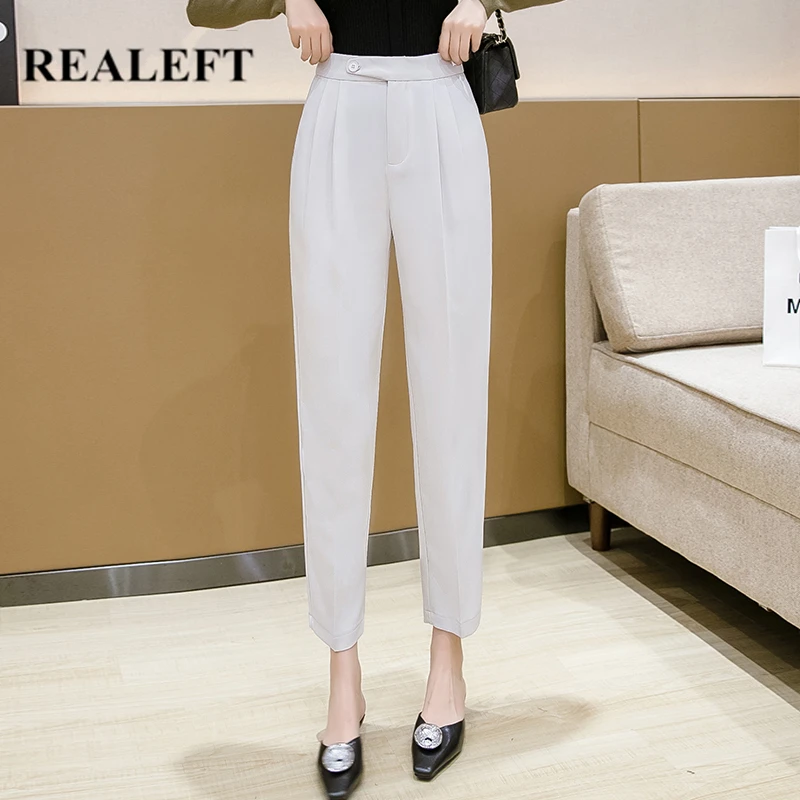 

REALEFT 2021 New Autumn Women's Formal Harem Pants Button High Waist Elegant Office Lady Ankle-Length Female Trouses Pockets