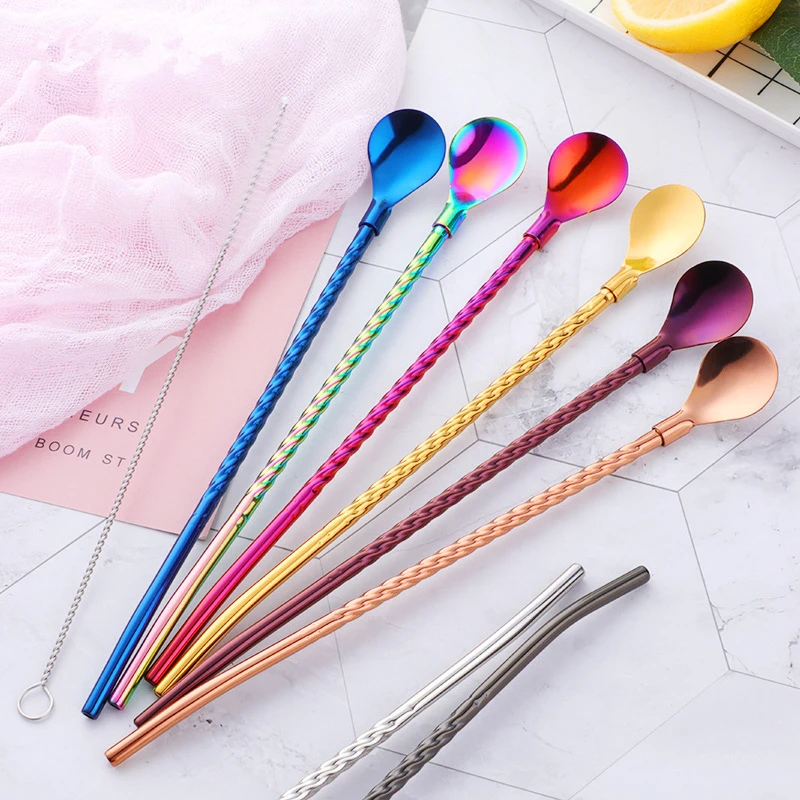 

Metal Straw Reusable Drinking Straws Stainless Steel Bag Straw Cocktail Bar Spoon Accessory