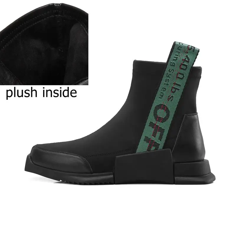 plush inside ALLBITEFO/Брендовые женские ботинки на плоской подошве из натуральной кожи и эластичного материала; модные повседневные ботильоны для девочек; ботинки в байкерском стиле - Цвет: plush inside