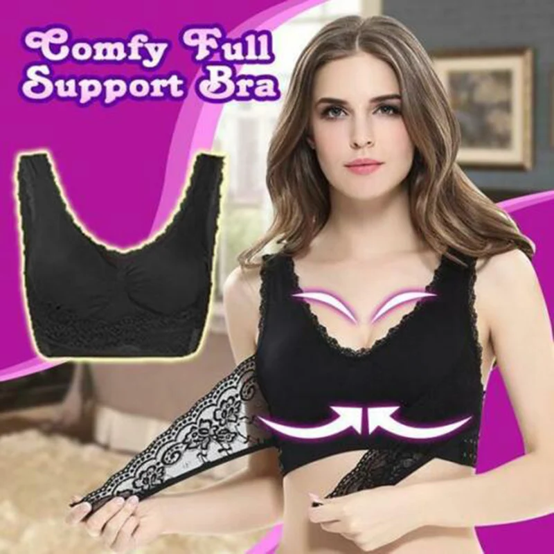 

Comfy Full Support Bra Lace Bralette Solid Color Front Cross Side Buckle Brassiere JAN88
