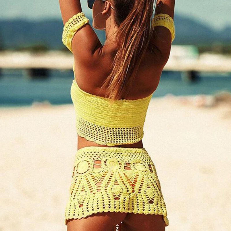 2020 Новое вязаное крючком 2 шт./компл. пляжное платье накидка Женские топы с
