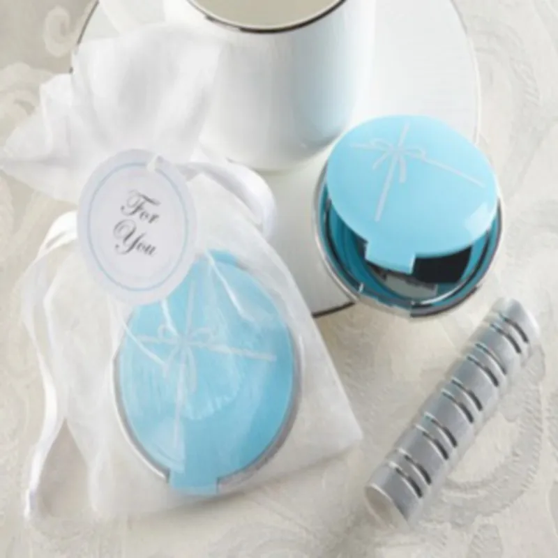 

(10 шт./партия) Бесплатная доставка + что-то синее компактное зеркало в элегантном мешочке из органзы синие карманные зеркальца для свадебной вечеринки сувениры