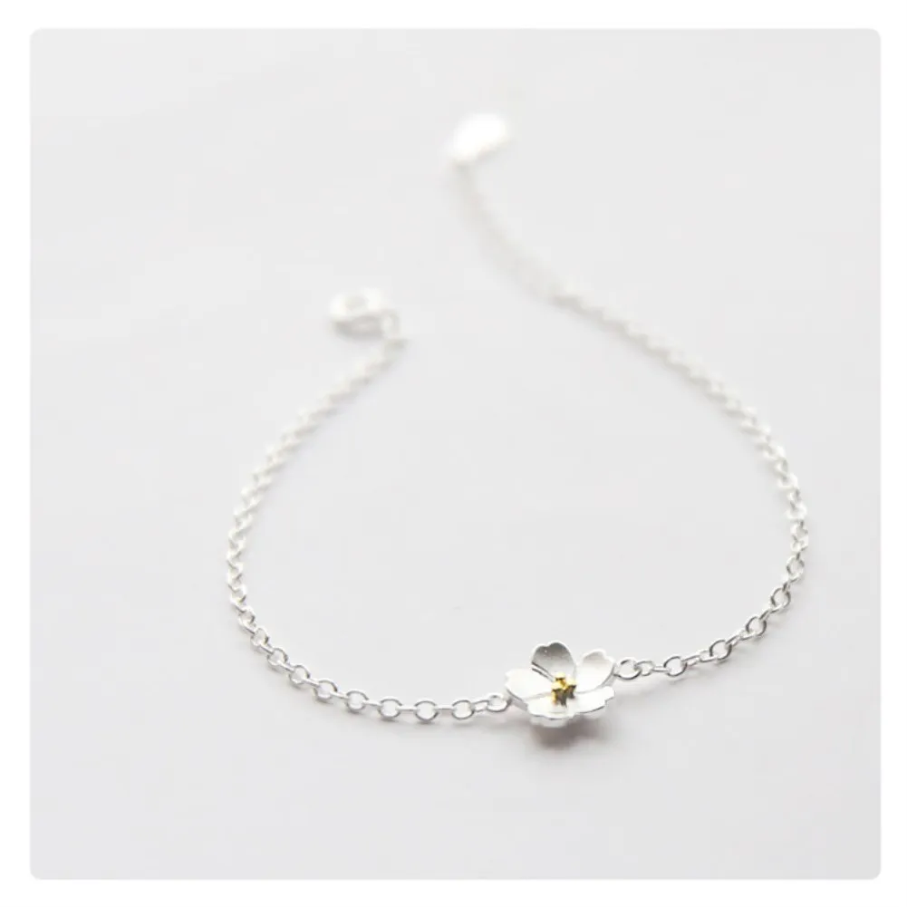 

Korean Fashion Silver Plated Plated Charm Bracelet Sweet Sakura Flower Resizable for Women Party Girlfriend Gift Jewelry QXB16