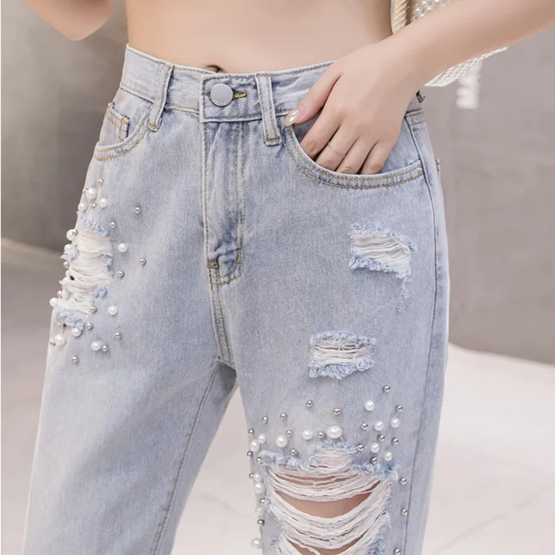 jeans woman high waist Ripped pearled Slim Denim Pants Boyfriend Jeans Trousers Ladies Womens Daily Casual Jean Pant | Женская одежда
