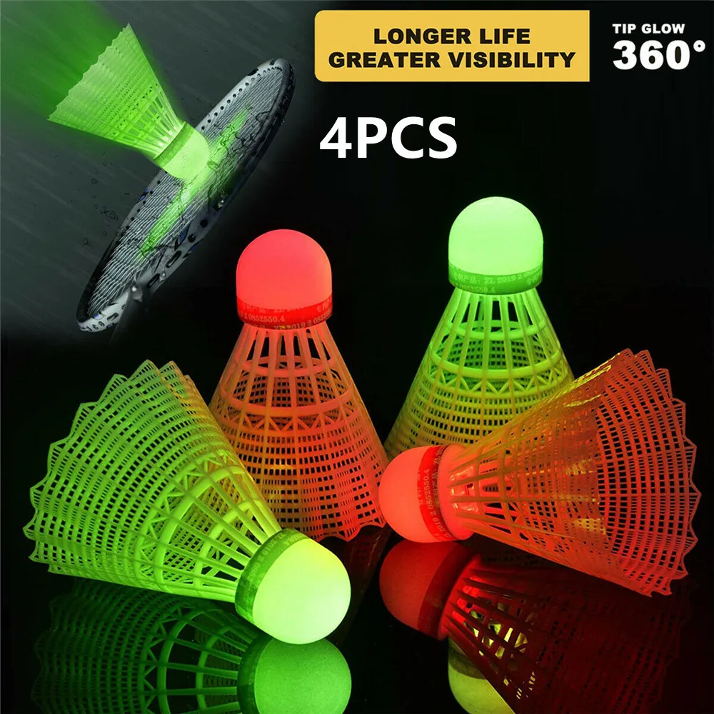 

4pcs Dark Night Led Glowing Light Up Strong Nylon Badminton Shuttlecocks Colorful Lighting Balls Indoor Outdoor Sports Suuplies