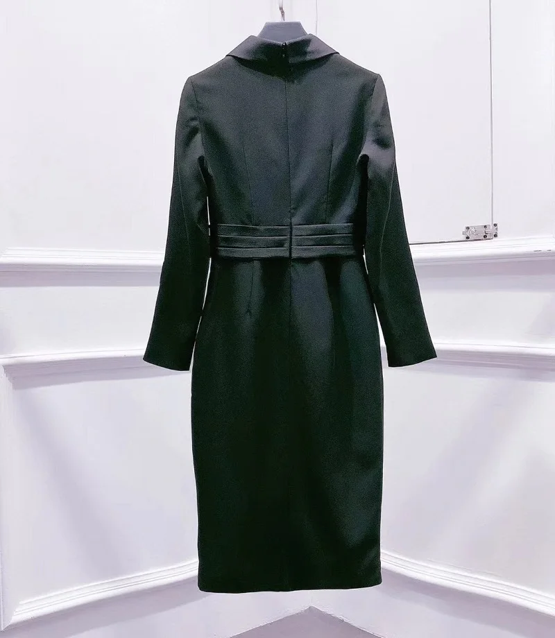 

Work Dress Elegant 2021 Autumn Party Cocktail Women Notched Collar Metal Ring Patchwork Long Sleeve Bodycon Midi Pencil Dress OL