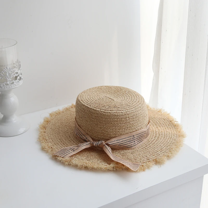 

2021 New Women Raffia Hats With elegant Bow Natural Straw Hat Female Flat Top Panama Hat UV Protection Summer Holiday Hats