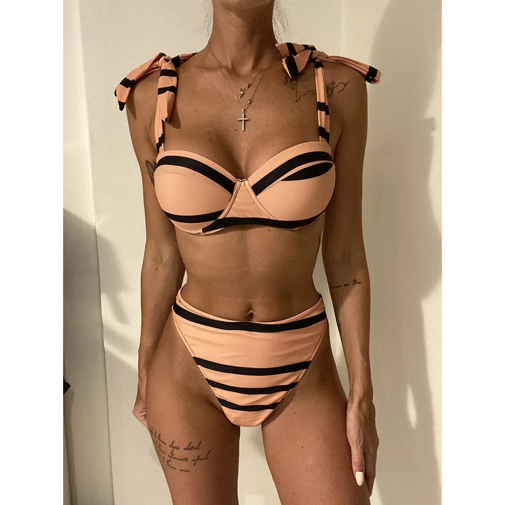 2021 сексуальный комплект бикини в полоску купальник-бандо женский купальный