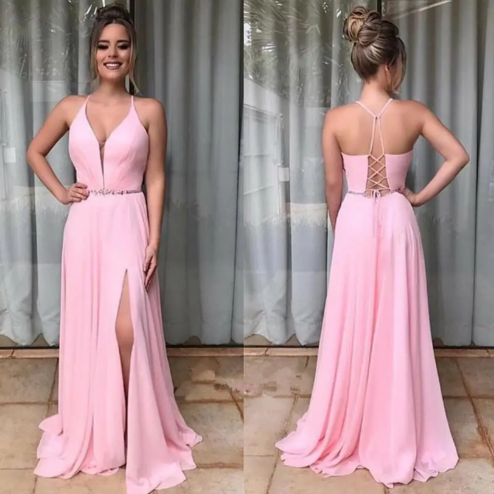 Розовое Шифоновое Вечернее Платье с лямкой на шее и разрезом сбоку для