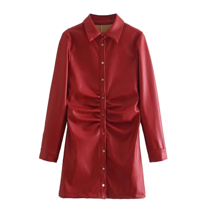 

Fashion Women Red PU Leather Pleat Shirt Dress Long Sleeve Female Clothes Casual Lady Slim Vestido D9166